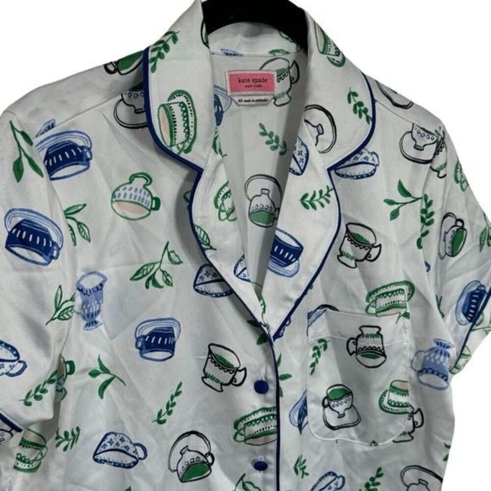 Kate‎ Spade Blue Green Novelty Coffee Print Satin Pajama Top Cozy Feminine XS - Picture 3 of 10
